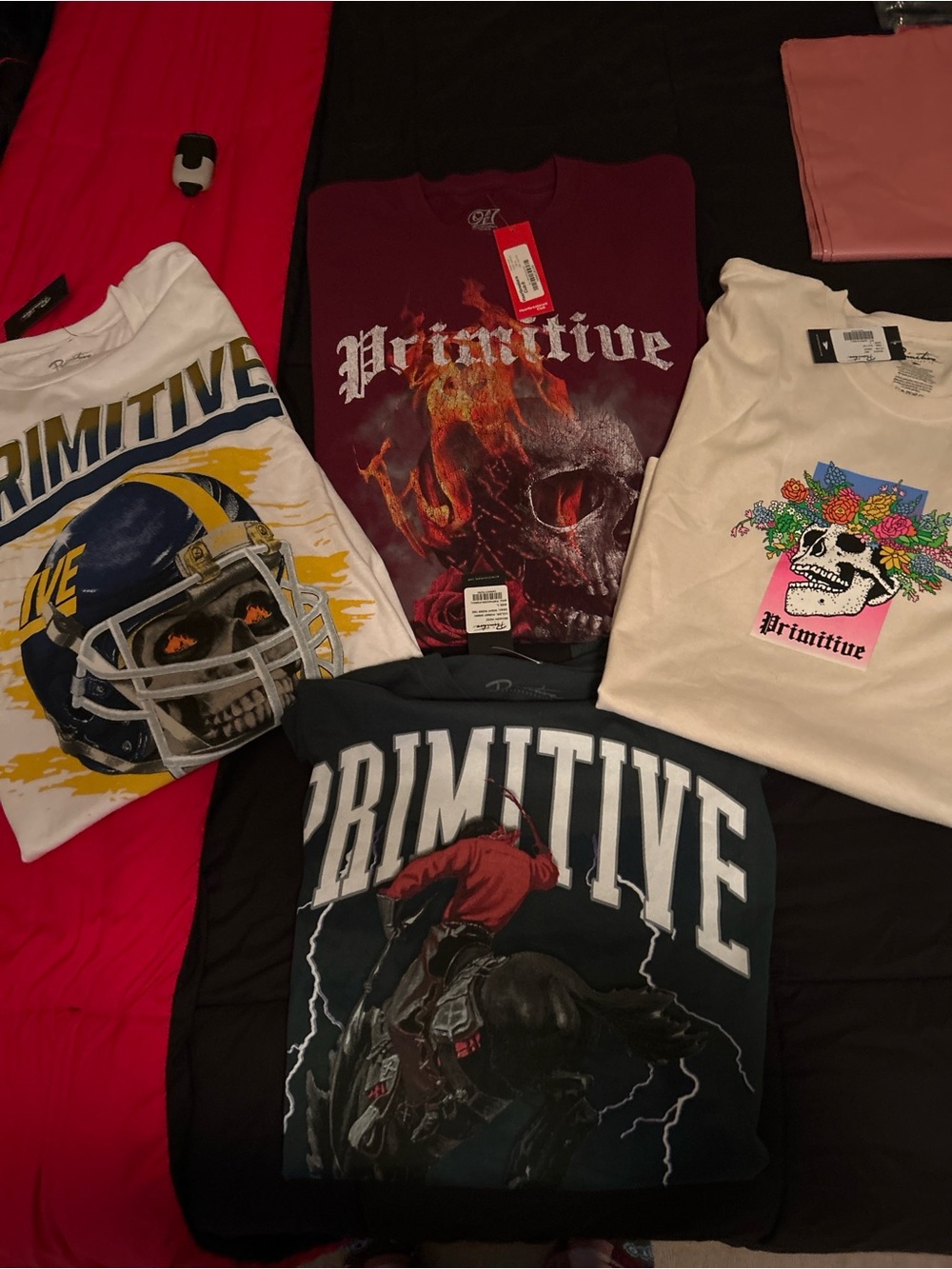 Primitive Mens Graphic T-Shirt Bundle of 4- Burgundy Skull Flame XL/Large